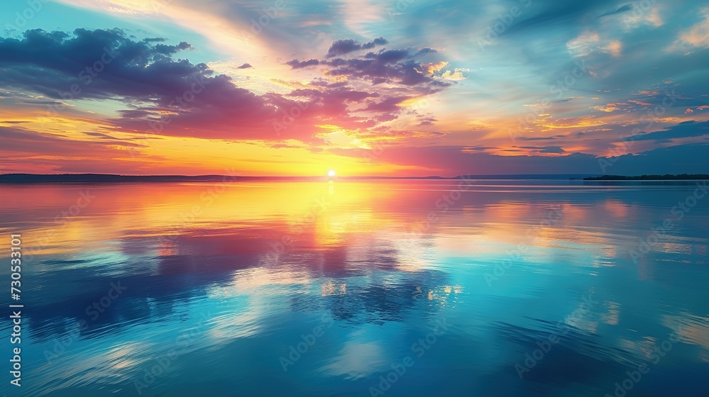 Obraz premium stunning sunrise over the lake with vibrant colors reflecting in the water in a zen and calm enviroment