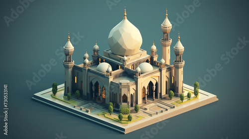 Beautiful mosque 3d render isometric design. Suitable for Ramadan Mubarak, Eid al-Fitr and Eid al-Adha 