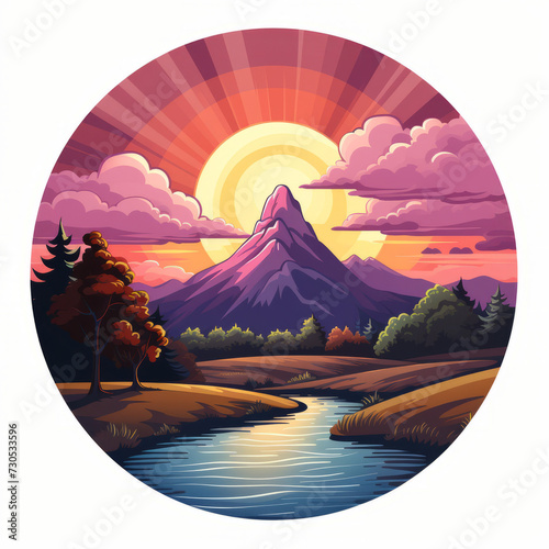 Vibrant Sunset Over Mountainous Landscape Illustration