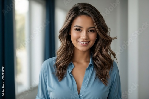 A gorgeous girl with a satisfied smile and a stylish, straight hairstyle poses in a blue shirt, her hands folded in front of her, against a crisp white background.