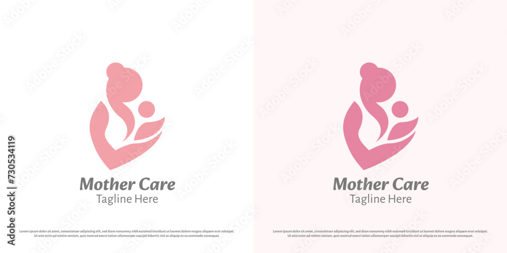 Mother baby logo design illustration. Silhouette of mother holding baby child happy cheerful joyful cuddle help support care. Minimal icon symbol gentle mellow affection hope family parent grateful.