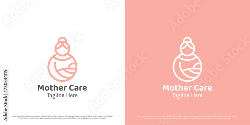 Mother holding baby logo design illustration. Mother embracing baby child son birth affection care. Minimal linear icon symbol compassion gentle warmth feminine maternal parent family happiness. photo