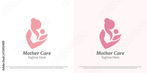 Mother baby logo design illustration. Silhouette of mother holding baby child happy cheerful joyful cuddle help support care. Minimal icon symbol gentle mellow affection hope family parent grateful. photo