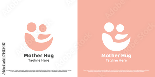 Mother child logo design illustration. Silhouette of mother loving child baby son embracing cradling hug care support. Minimal icon symbol affection compassion happiness warm warmth peace calm hope.