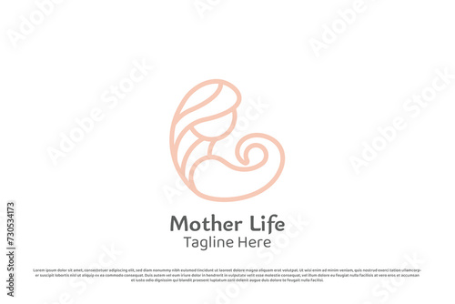 Mother hug baby logo design illustration. Mother woman girl people beauty support care embracing baby son child childhood moment. Minimal simple icon symbol warmth peace happiness grateful family.