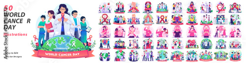 Huge Set Collection of World Cancer Day Vector Illustrations With People, Doctors, Nurses, and Cancer Patients. Breast Cancer Awareness Set Illustration