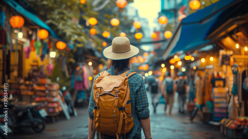 Asian traveling backpacker in Khaosan Road outdoor market in Bangkok, Thailand © Fokke Baarssen