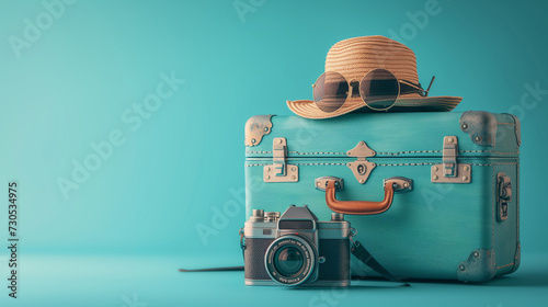 vintage travel suitcase with camera and summer hat, travel concept background, blue background