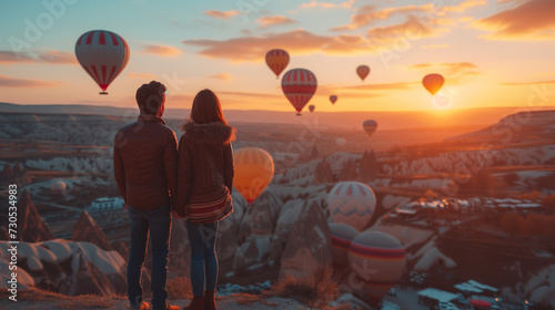 Young couple of men and woman at sunrise on a rooftop in Cappadocia with hot air balloons in the background at golden hour 