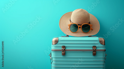 background illustration Blue suitcase with sun glasses, hat, and camera on pastel blue background.  © Fokke Baarssen