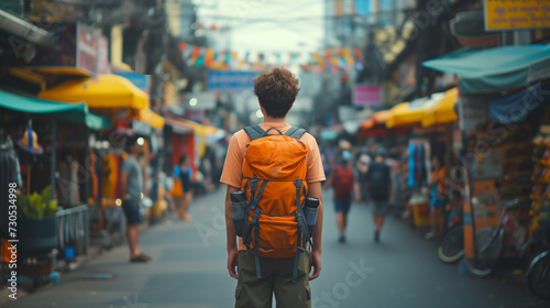 Asian traveling backpacker in Khaosan Road outdoor market in Bangkok, Thailand, man with backpack photo
