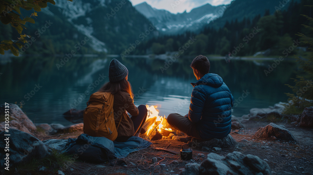 campfire outside a tent in the forest, couple on a camping trip, traveler relaxed camping trip, outdoor campfire, couple relaxing by the lake in the evening