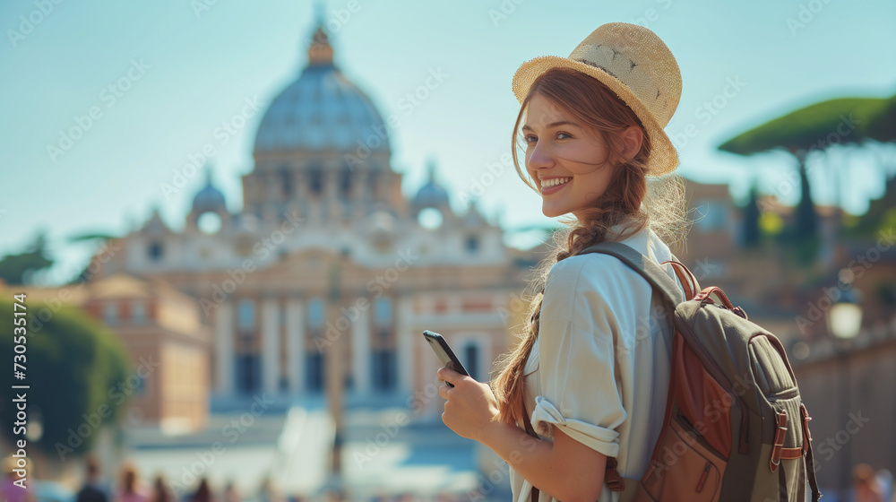 Rome Europe Italia travel summer tourism holiday vacation background, young smiling girl with a mobile phone in hand standing on the hill looking at the cathedral the Vatican Rome