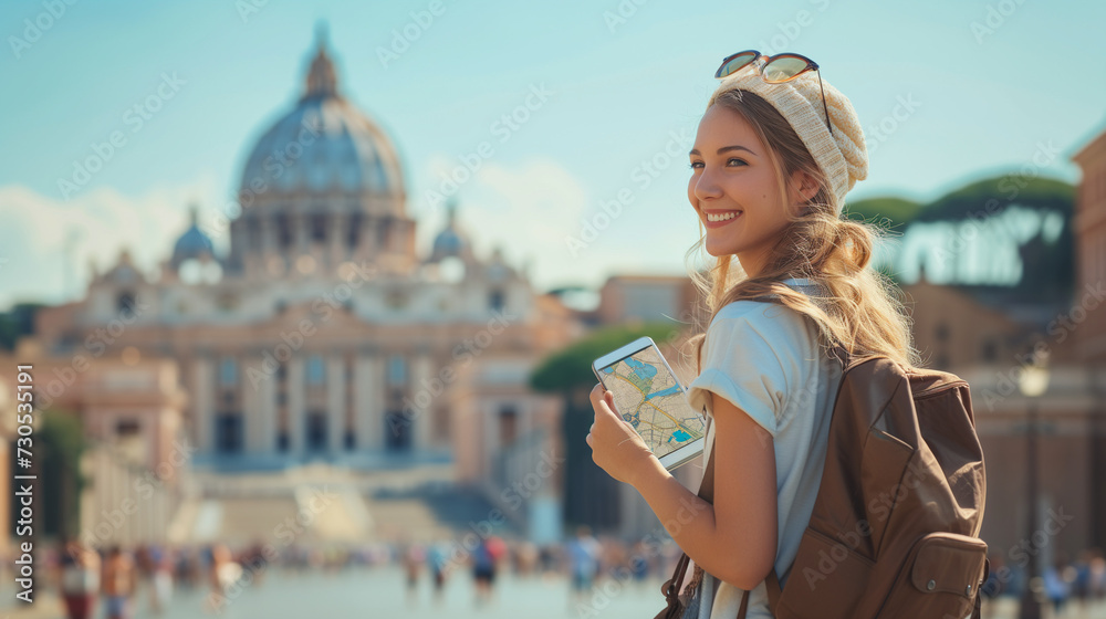Rome Europe Italia travel summer tourism holiday vacation background, young smiling girl with a mobile phone camera and map in hand standing on the hill looking at the cathedral the Vatican Rome Italy