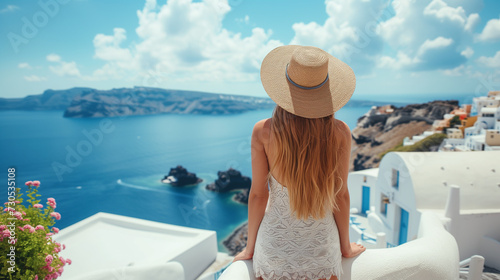  woman on vacation in Oia walking at the village. A person in dress visiting the famous white village with the Mediterranean sea and blue domes. Europe summer destination