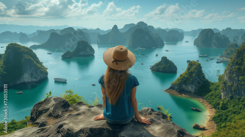 A young traveler woman with hat sits on the top of a mountain in Halong Bay and enjoys the beauty of the seascape. Young girl love wild life, travel, freedom photo