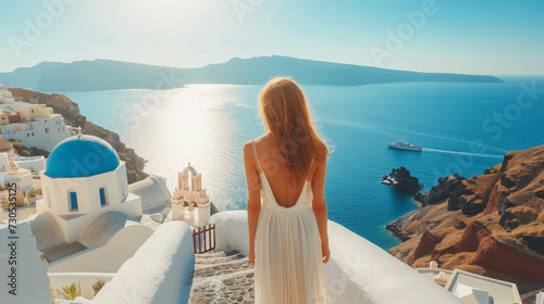 Santorini travel tourist woman on vacation in Oia walking at the village during sunset in Greece