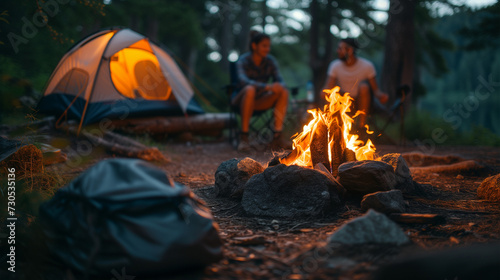 campfire outside a tent in the forest, couple on a camping trip, traveler relaxed camping trip, outdoor campfire in the forest