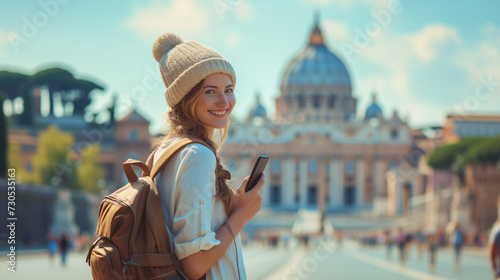Rome Europe Italia travel summer tourism holiday vacation background, young smiling woman with a mobile phone camera and map in hand standing on the hill looking on the cathedral the Vatican photo