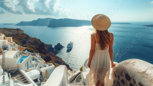 Travel Europe summer holiday woman with hat enjoying Oia, Santorini Greece cruise vacation. Sun getaway visiting the greek village with whitewashed buildings and blue domes