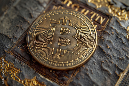 Timeless Elegance: Bitcoin Created from Ancient Papyrus with Shiny Oil Stain photo