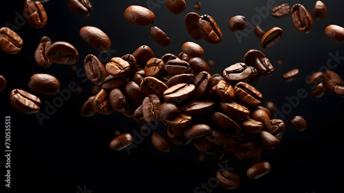 closeup flying coffee beans over dark background