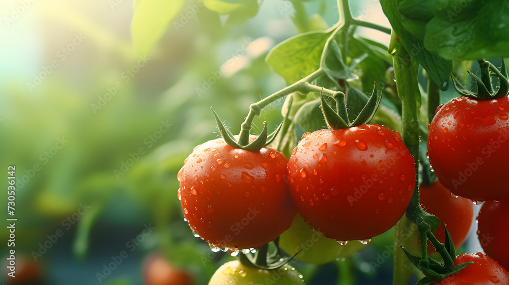 Closeup of tomato on blurred background with dewdrops