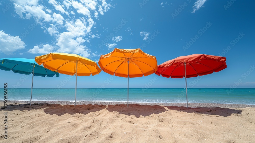 Coastal Bliss with Colorful Umbrellas, Mid-Range View of Carefree Leisure, Soft Focus Embracing the Warmth and Inviting Aura of an Idyllic Beach Escape. Made with Generative AI Technology