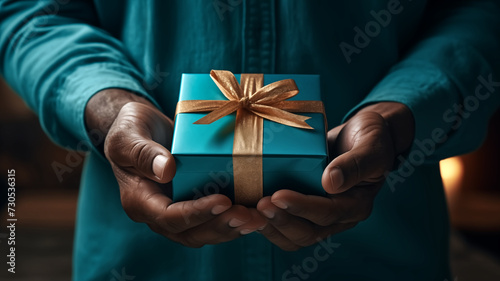 Hands of african american man holding a gift box.