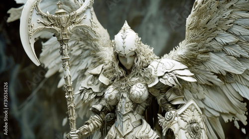 Armed with a mive battle axe and adorned in intricate armor this Gothic warrior angel radiates a sense of power and danger. photo