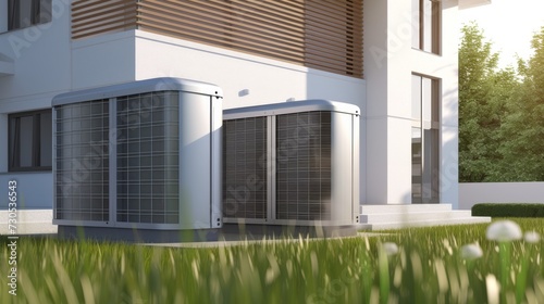 An air source heat pump is installed outside of a new modern house, providing sustainable and clean energy at home. © ND STOCK