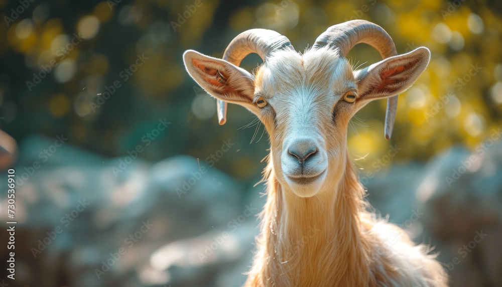 Naklejka premium Majestic Goat with Curved Horns in Sunlit Pasture