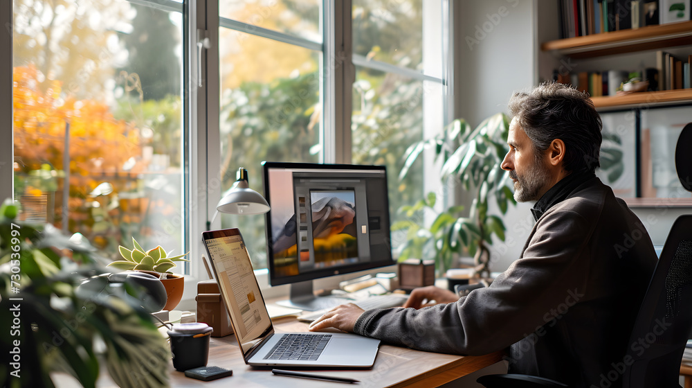 A man is sitting at a desk with a laptop and a desktop computer. The room has a large window that lets in natural light. A man is sitting at a desk with a laptop and a desktop computer. The room has a large window that lets in natural light.
