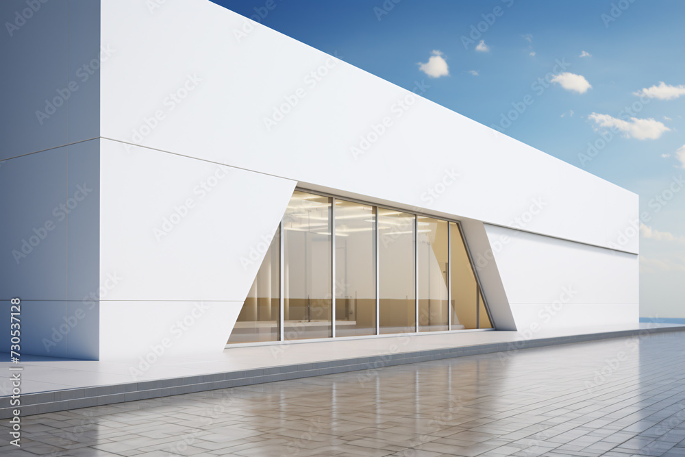 Fototapeta premium Commercial Building Fascia Logo And Signage Mockup The Exterior Wall Of A Contemporary Commercial Style Building With Aluminium Metal Composite Panels And Glass Windows For Logo And Sign Board Mockup 