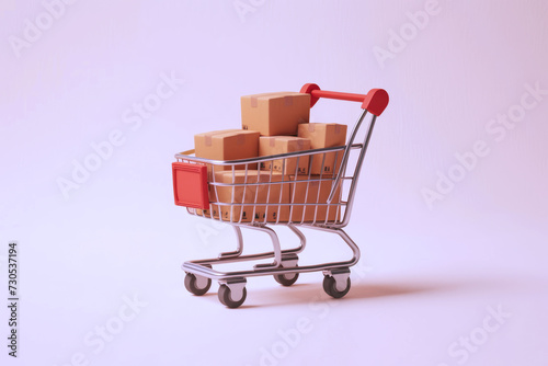 Supermarket shopping cart with goods isolated on gray background