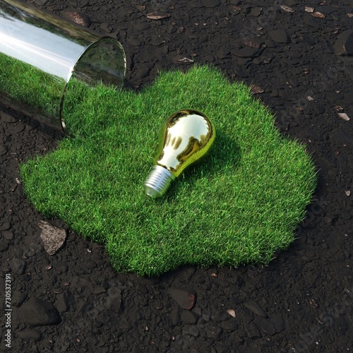 Closeup Golden Light bulb shape middle on green grass. Creative idea concept. 3D Rendering. © HappyAprilBoy