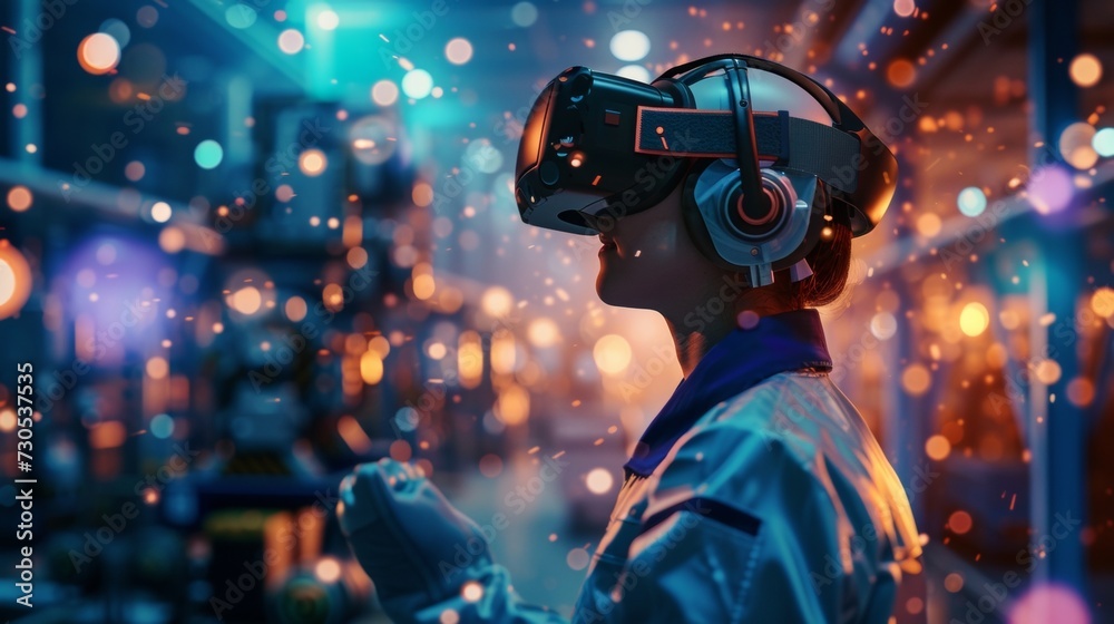A worker wearing a virtual reality headset immersed in a simulated environment where they can test and optimize machine communication using advanced 5G technology. A worker wearing a virtual reality headset immersed in a simulated environment where they can test and optimize machine communication using advanced 5G technology.