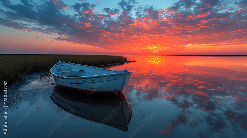 Mars h -Boat - Cooast - waterway - beach - wide shot - blue skies Mars h -Boat - Cooast - waterway - beach - wide shot - blue skies