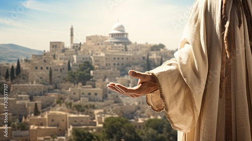 The hand of an elderly man in simple light clothes against the background of old Jerusalem. photo
