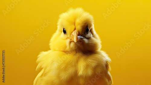 A small chicken with bright yellow feathers on a yellow background.