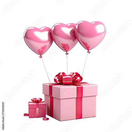 Pink gift box and red heart bloons isolated on trasnparent background photo