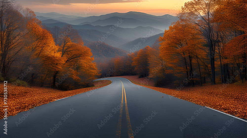 Mountain road - fall day - autumn - peak leaves - golden hour - low angle shot - cinematic - inspired by the beautiful scenery of  Western North Carolina  - obrazy, fototapety, plakaty 