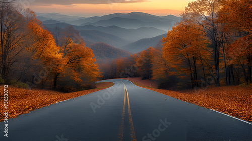 Mountain road - fall day - autumn - peak leaves - golden hour - low angle shot - cinematic - inspired by the beautiful scenery of  Western North Carolina  photo