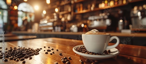 Restaurant interior photo with a hot cup of coffee and coffee beans during a coffee break.