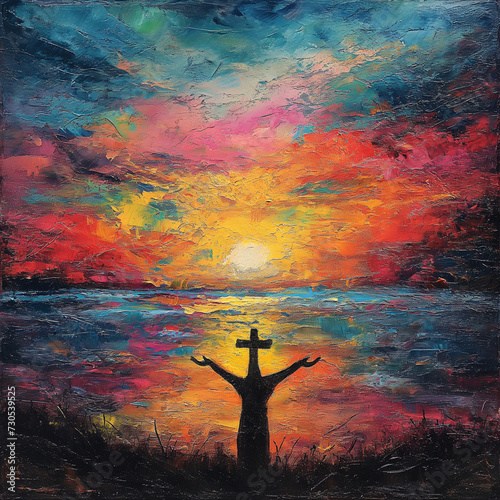 Silhouette of person with open hands and cross on sunset sky background. , ai generated.