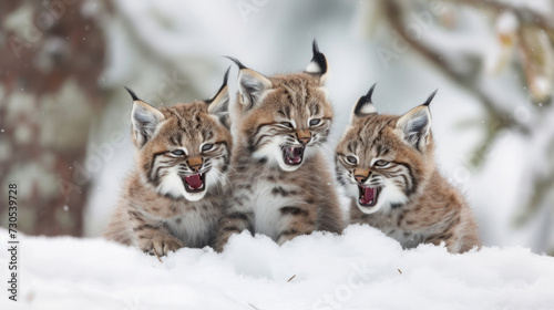 Lynx kittens' comical expressions on snowy terrain