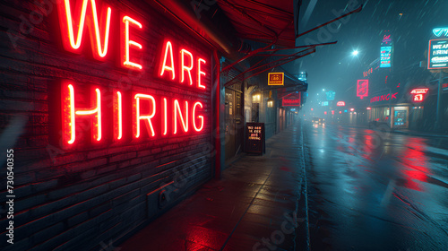 “WE ARE HIRING” neon banner - cityscape - message integrated into story - build anticipation. - announcement 
