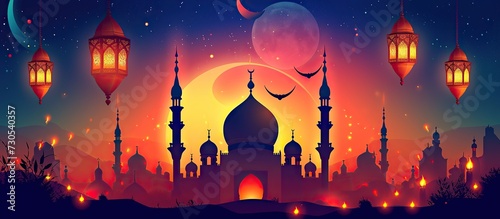 Mosque decorated with lanterns with a view of the sky at night. Ramadan concept