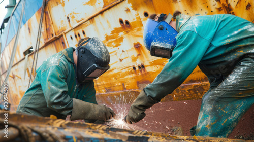 A pair of crew members donned in protective gear working together to weld and repair a damaged section of the ships hull.