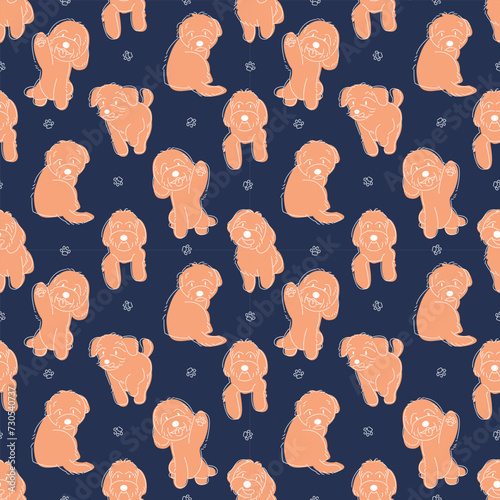 MALTIPOO DOGS IN SOME MOVES SEAMLESS PATTERN